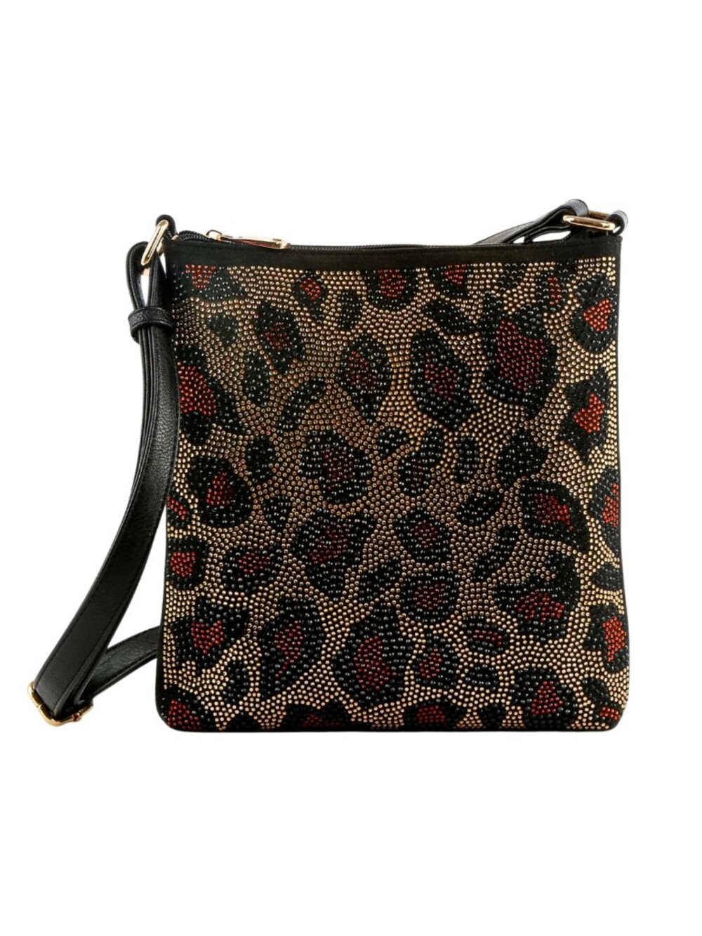 Black Faux Leather Rhinestone Leopard Print Crossbody Sling
